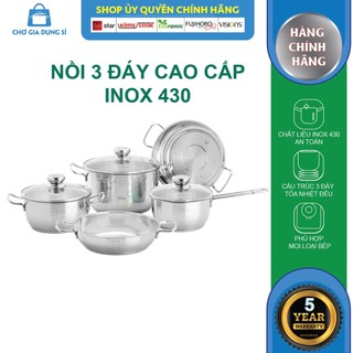 Bộ nồi inox 430 FIVESTAR nắp kính , 3 đáy dùng được mọi bếp, hàng chính hãng
