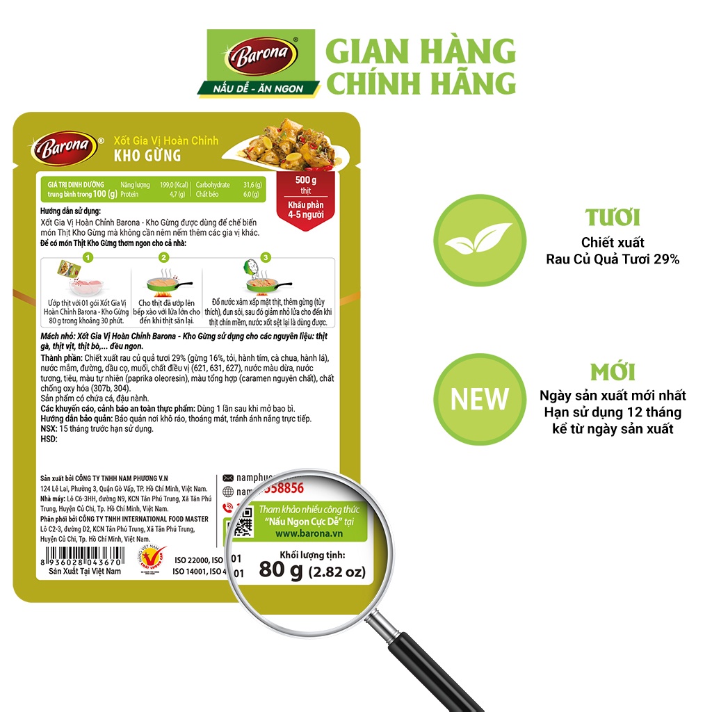 Combo 1 hộp (20 gói) Gia Vị Kho Gừng Barona 80g ướp ngon chuẩn vị không cần nêm nếm