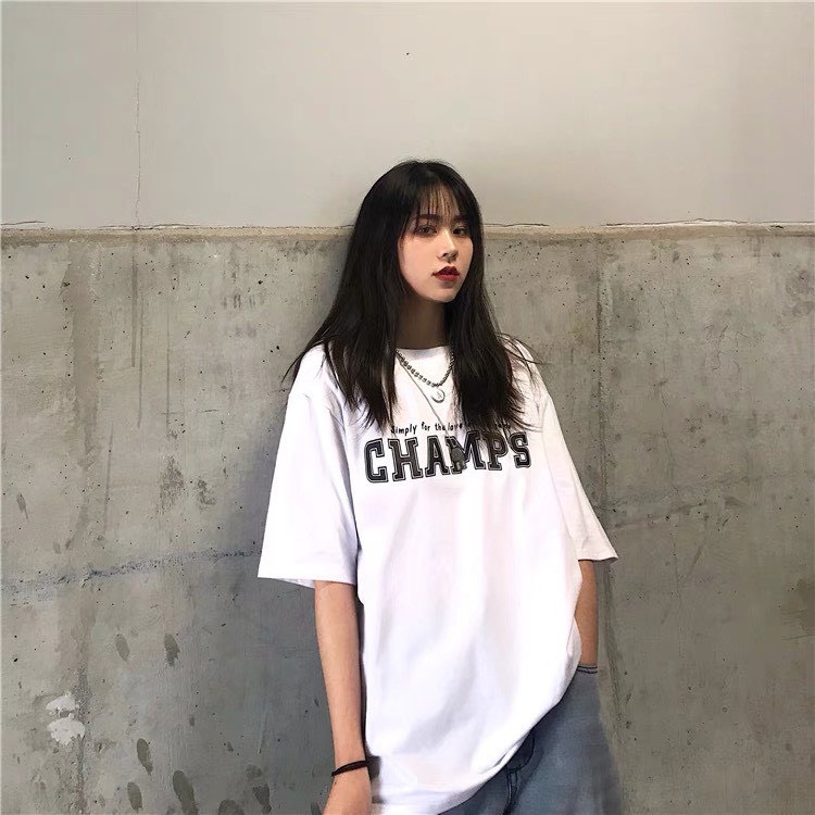 Áo Thun Tay Lỡ Unisex Form Rộng CHAMPS , Áo Phông Nam Nữ Oversize 2 Màu Đen Trắng