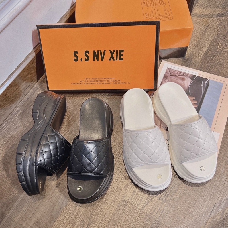 Dép quai ngang trần trám 2 màu siêu sang đế độn 5cm hot 2020