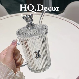 Ly thủy tinh có nắp và ống hút Gấu cao cấp, cốc thủy tinh chịu nhiệt 2023 - HQ410