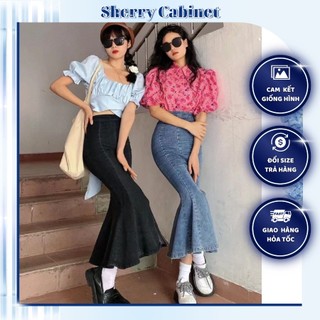 Chân váy bò dài đuôi cá xẻ vạt trước sherry cabinet