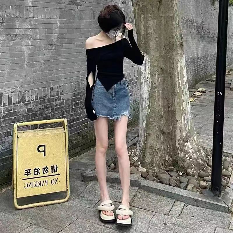 Jiashucheng Chân Váy Denim Chữ a Lưng Cao Dáng Ôm Màu Xanh Dương Thời Trang Mùa Hè Cho Nữ