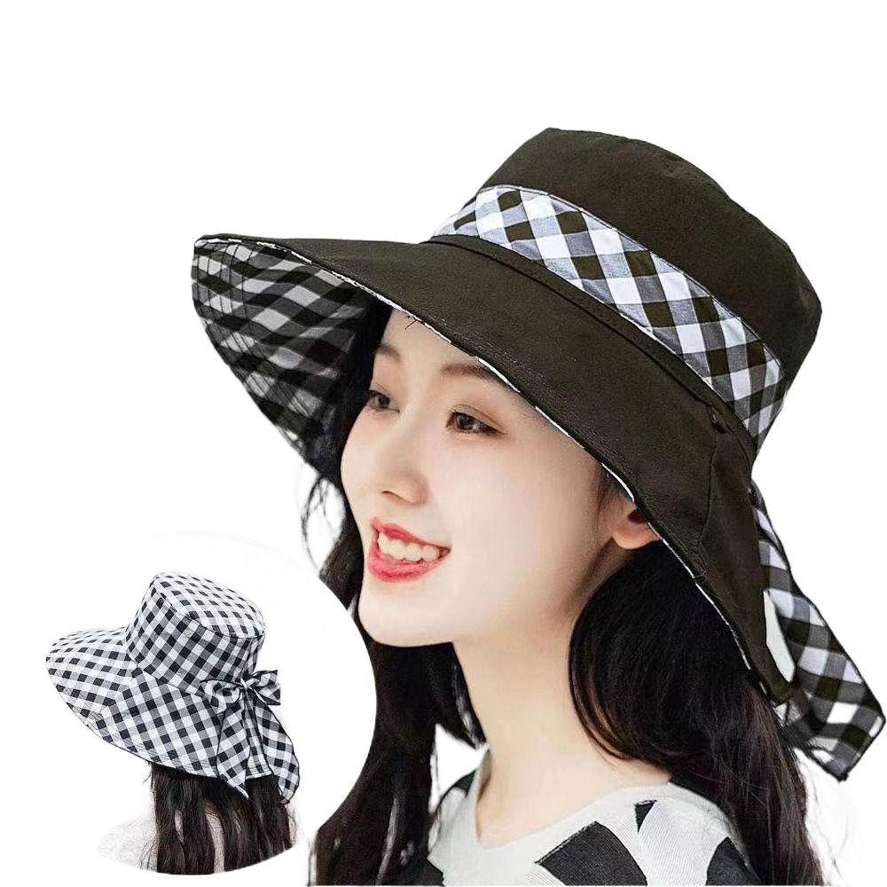 DARNELL Nón Tai Bèo Rộng Vành Họa Tiết Sọc Caro Đính Nơ Thời Trang Đi Biển