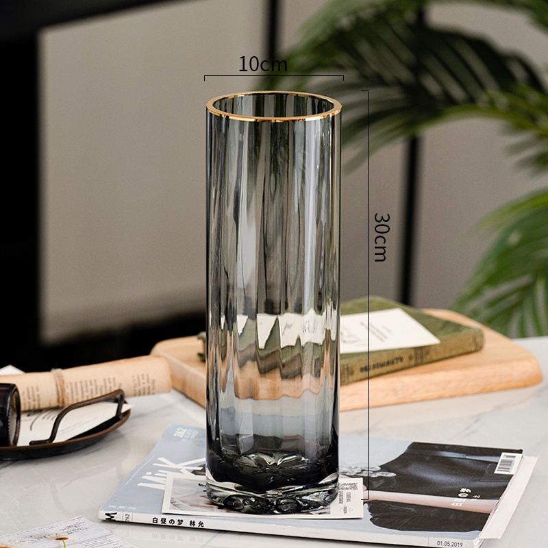 Bình hoa thủy tinh trụ viền vàng decor phòng ngủ và trang trí phòng khách cao cấp