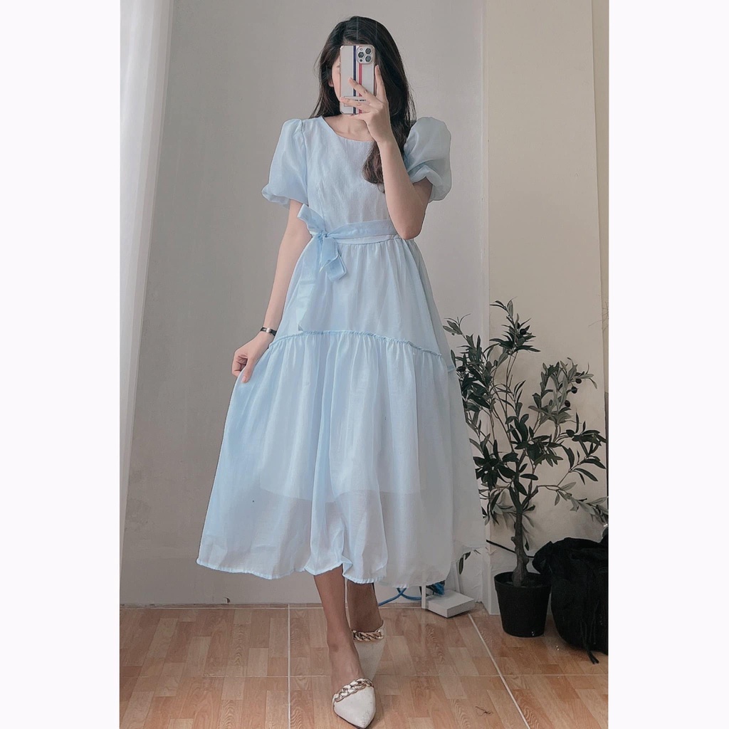 Đầm Váy Trắng Công Chúa Bồng Bềnh Thắt Nơ Eo Xinh