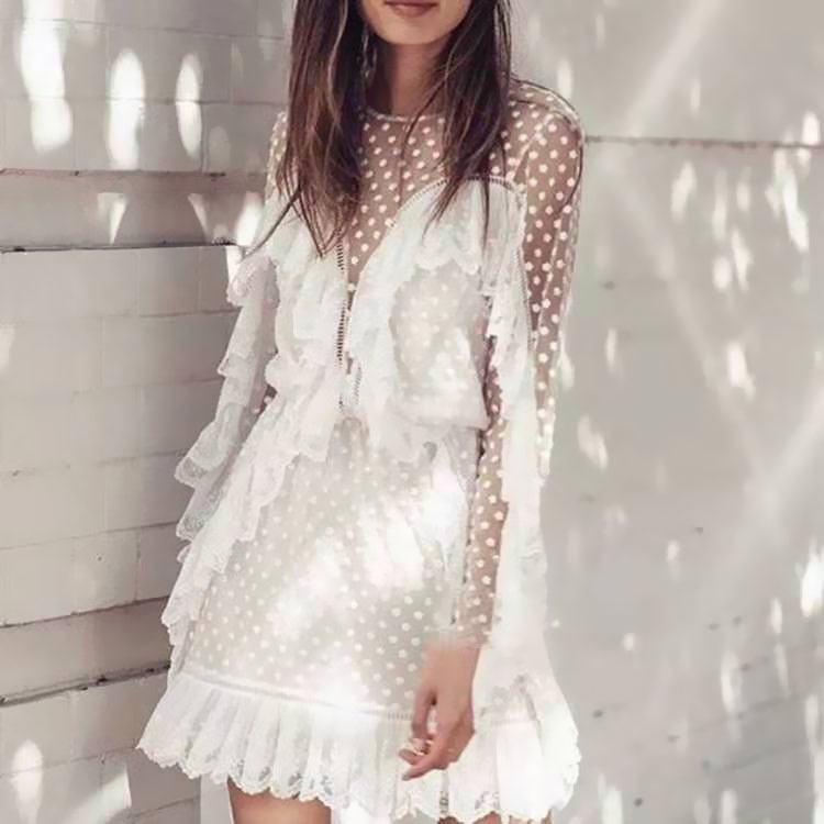 Nữ Tay Dài Chấm Bi Ren Cô Dâu Tiệc Cưới Mini Váy Ngắn