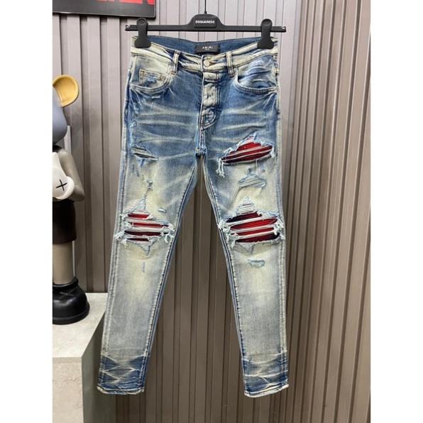 Quần JEAN Nam AMIRI Xanh Khói Mài Bạc Gối Đỏ Quần Bò Slimfit Wash xanh khói rách xước Amiri ống côn bó | BigBuy360 - bigbuy360.vn