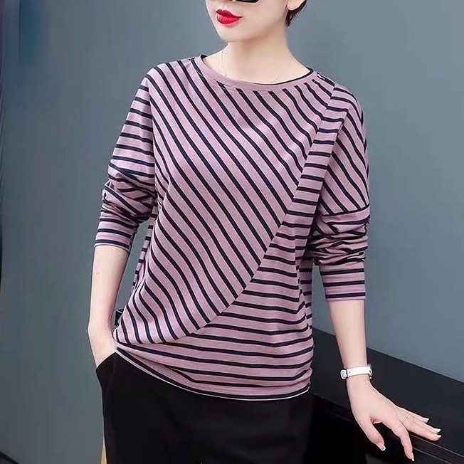 Áo Thun Tay Dài Cổ Tròn Dáng Rộng Họa Tiết Kẻ Sọc Plus Size Phong Cách Hàn Quốc Cho Nữ