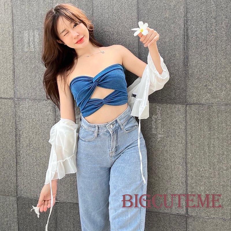 [] Áo Ống Đan Chéo Phía Trước Màu Trắng / Hồng / Xanh Dương Cho Nữ