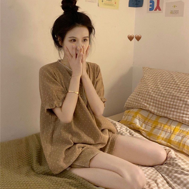 Bộ Đồ Ngủ Pijama Tay Phồng Cổ Tròn Họa Tiết Chấm Bi Thoải Mái Thời Trang Mùa Hè Cho Bạn Gái