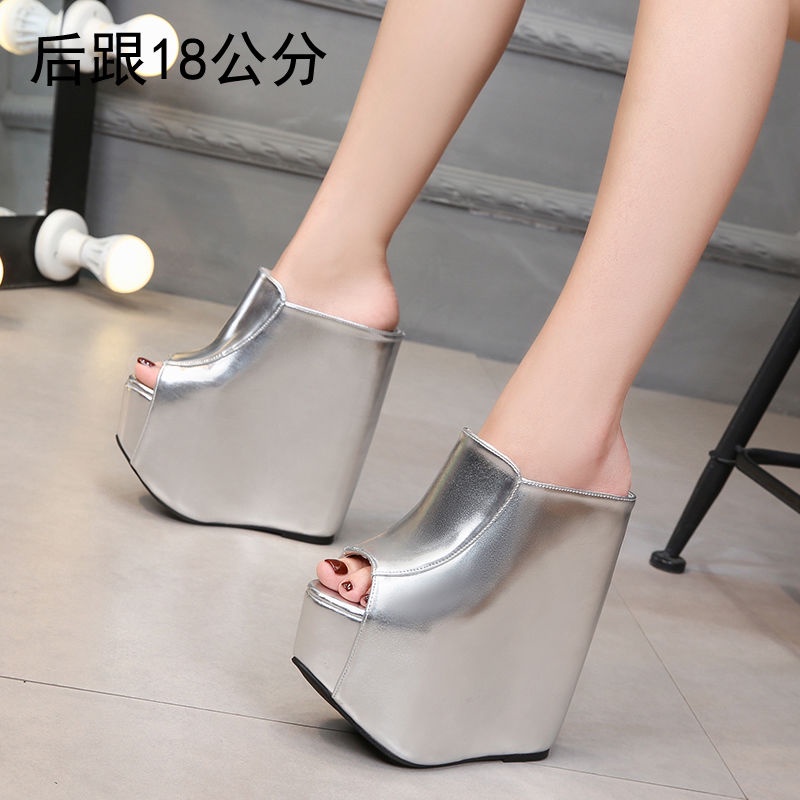 Âu mỹ sexy dép 18cm dép dày-chân đế màu trắng bạc bên trong tăng chiều cao sàn catwalk giày nữ