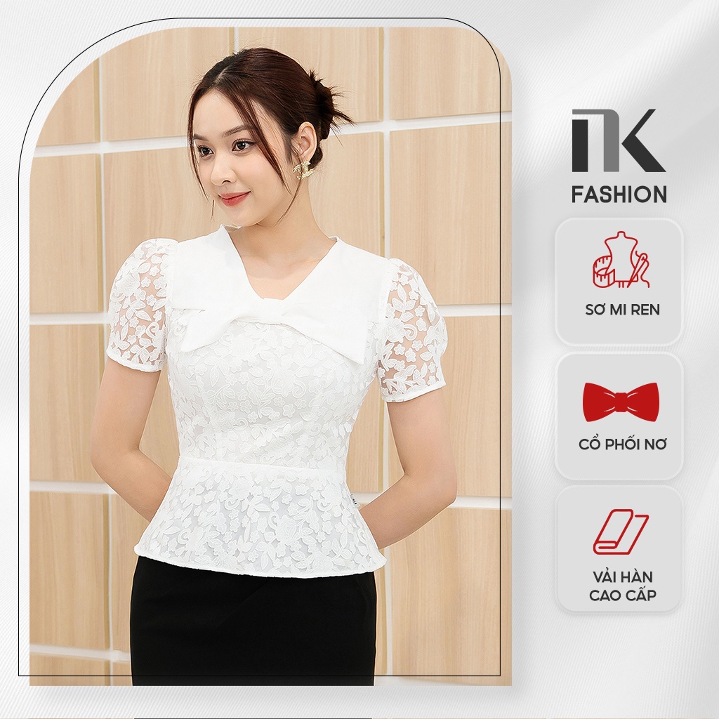 Áo Sơ Mi Ren Lá NK FASHION Cổ Phối Nơ Thiết Kế Ngắn Tay Thanh Lịch Chất Vải Nhập Hàn Cao Cấp NKSM2212005