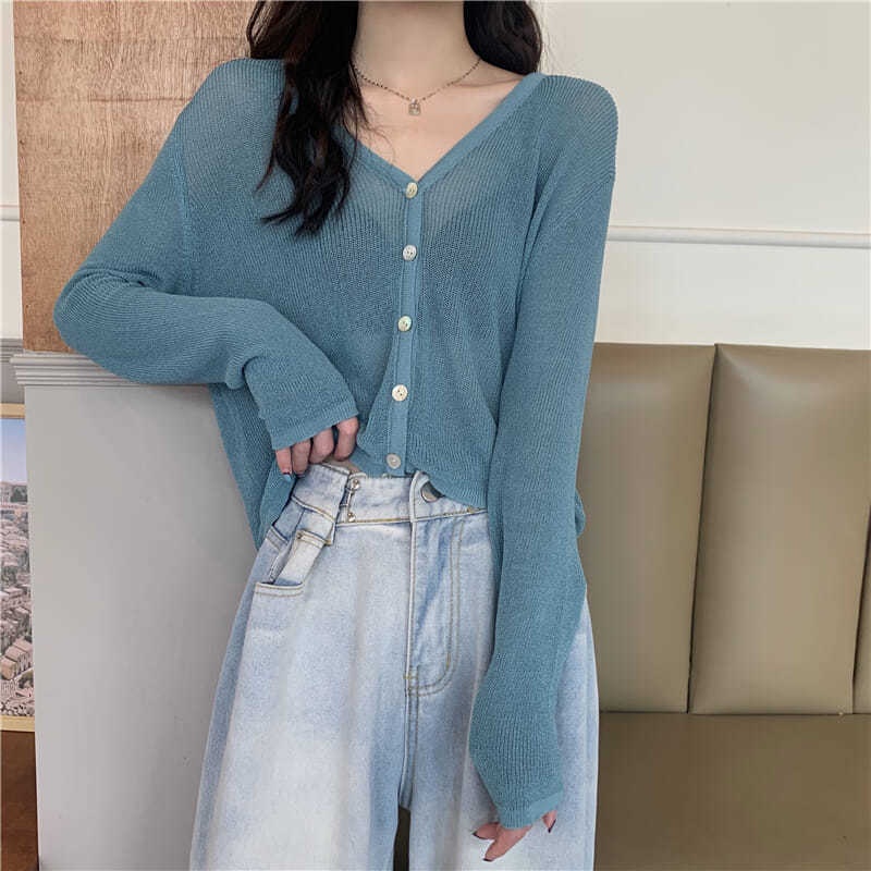 áo kiểu khoác cardigan dệt kim tay dài sơ mi croptop len cổ chữ v chất liệu lụa chống nắng thời trang cho nữ