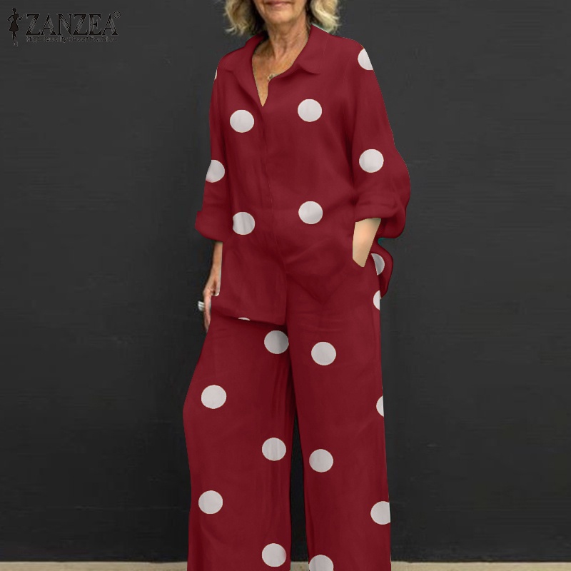Zanzea Bộ Áo Sơ Mi Chấm Bi Dài Tay + Quần Dài Co Giãn Thời Trang Cho Nữ