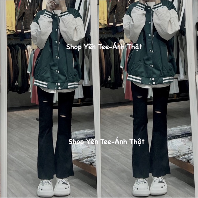 Quần ống loe rách 2 Yến Tee,chất jeans dầy,co dãn tốt