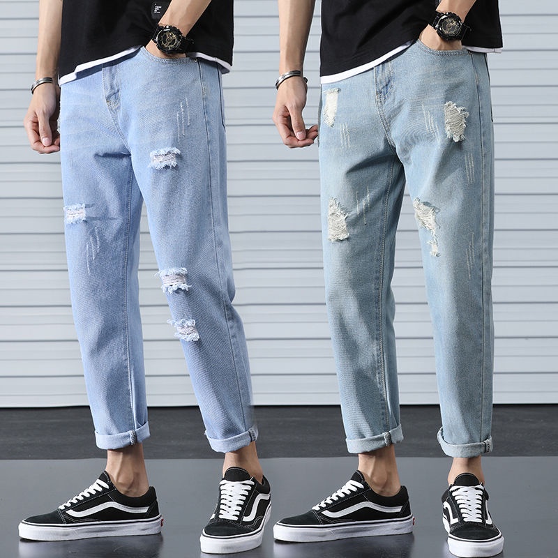 Quần Jeans Dài Ống Rộng Rách Gối Thời Trang Mùa Hè Cho Nam