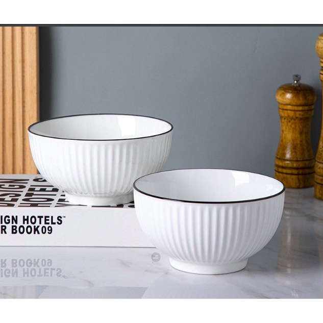 Bán lẻ bát ăn cơm, đĩa, tô màu trắng viền đen phong cách châu Âu cao cấp sang trọng