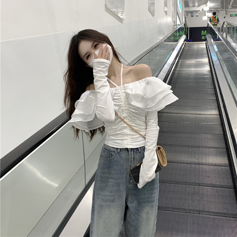 Áo sơ mi SUXI tay dài phồng trễ vai dáng ôm thời trang mùa xuân xinh xắn cho nữ