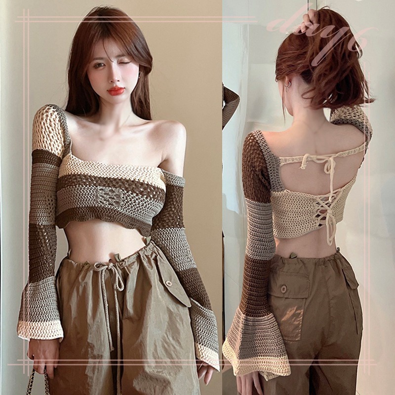 Áo Dệt Kim Tay Loe Ngắn Cổ Vuông Gợi Cảm Chống Nắng Phong Cách Hàn Quốc Cho Nữ