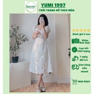(Ảnh thật/Tự chụp) Đầm váy babydoll hoa nhí tay bồng