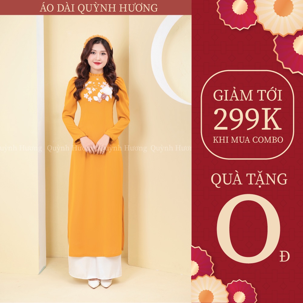 Áo dài lụa mỹ tay bồng màu vàng siêu xinh by Quỳnh Hương