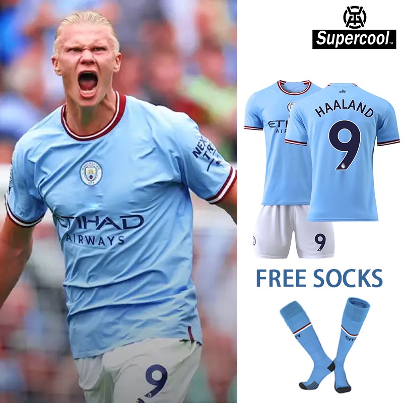 #SupercooL# Bộ Quần Áo Mặc Thể Thao Nam (Gửi Vớ Bóng đá) Vớ Đá Banh HAALAND 22-23 Manchester City Chất Liệu Nhanh Khô Cao Cấp Ngắn Tay Vải Thoáng Thun Lạnh PE Co Nhanh Khô Co Giãn Chạy Bộ Chuyên Thể Dục Bóng Rổ Football Jersey