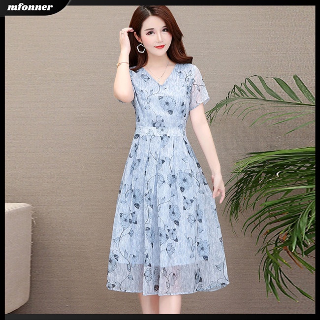 Đầm Dài Tay Ngắn Cổ Chữ V Họa Tiết Hoa Thanh Lịch Cho Nữ