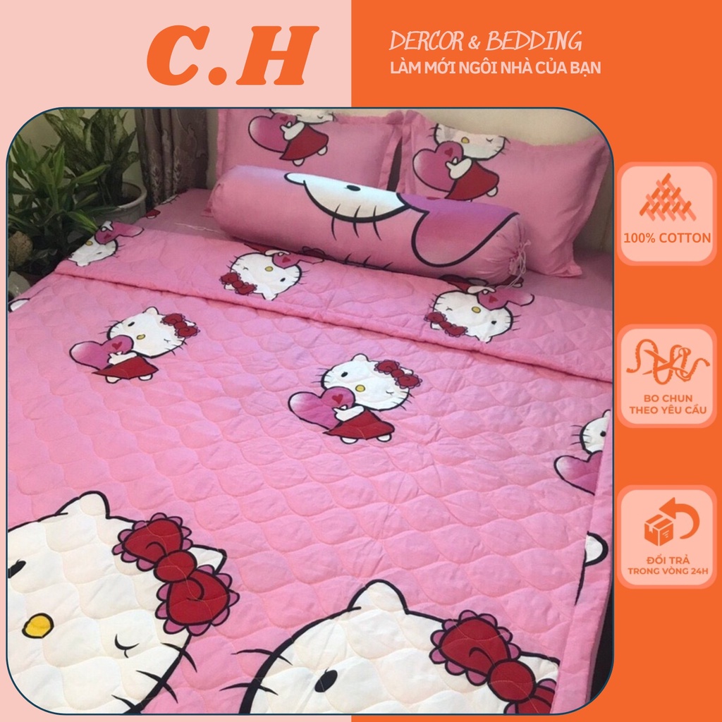 Bộ chăn ga 5 món họa tiết mèo hồng kitty, set vỏ ga gối mền chất cotton poly bền đẹp