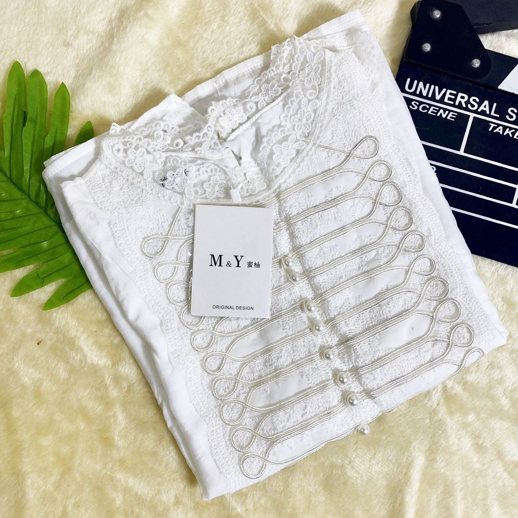 Áo sơ mi trắng tiểu thư, công sở phong cách Hàn Quốc 2 lớp phối ren bánh bèo kèm cúc ngọc siêu sinh
