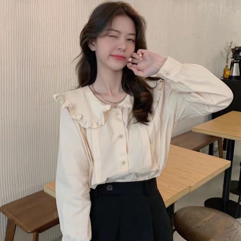 Liên Kết Với Nhau ❀ Áo Sơ Mi Tay Dài Màu Trơn Cổ Búp Bê Thời Trang Cho Nữ