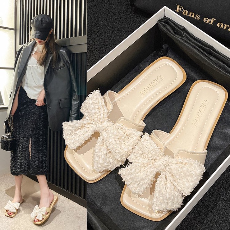 Dép Sandal Đế Bằng Mềm Mại Đính Nơ Đơn Giản Thời Trang Mùa Hè Cho Nữ