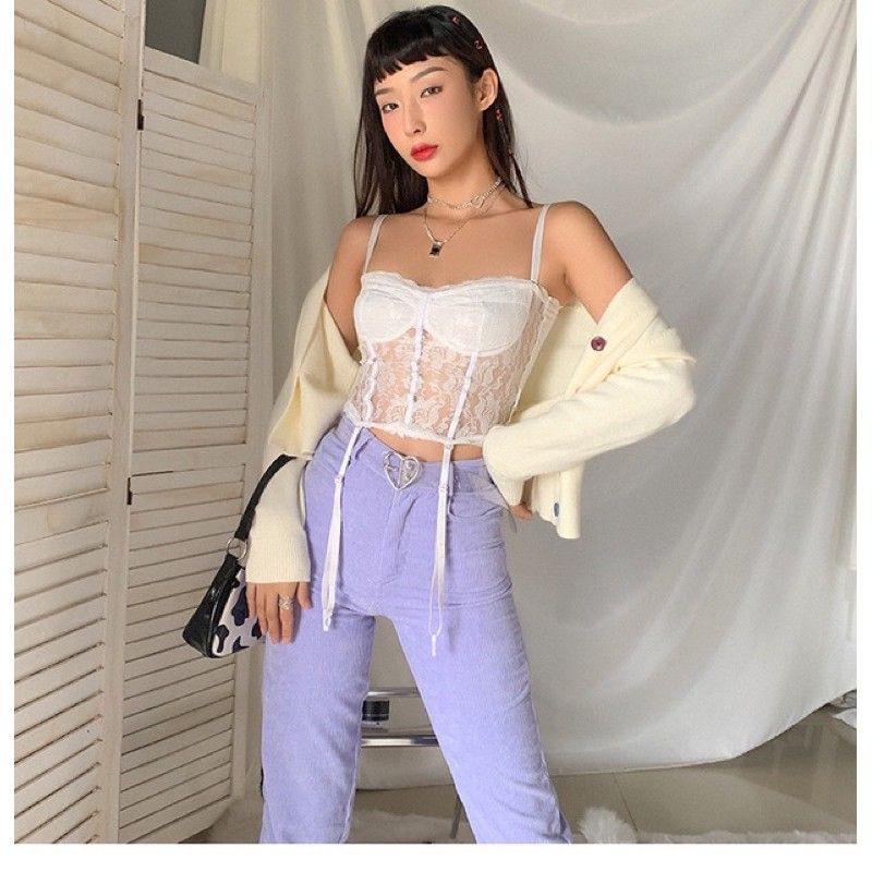 Áo hai dây croptop ren White Lace Top quyến rũ - Có ảnh thật