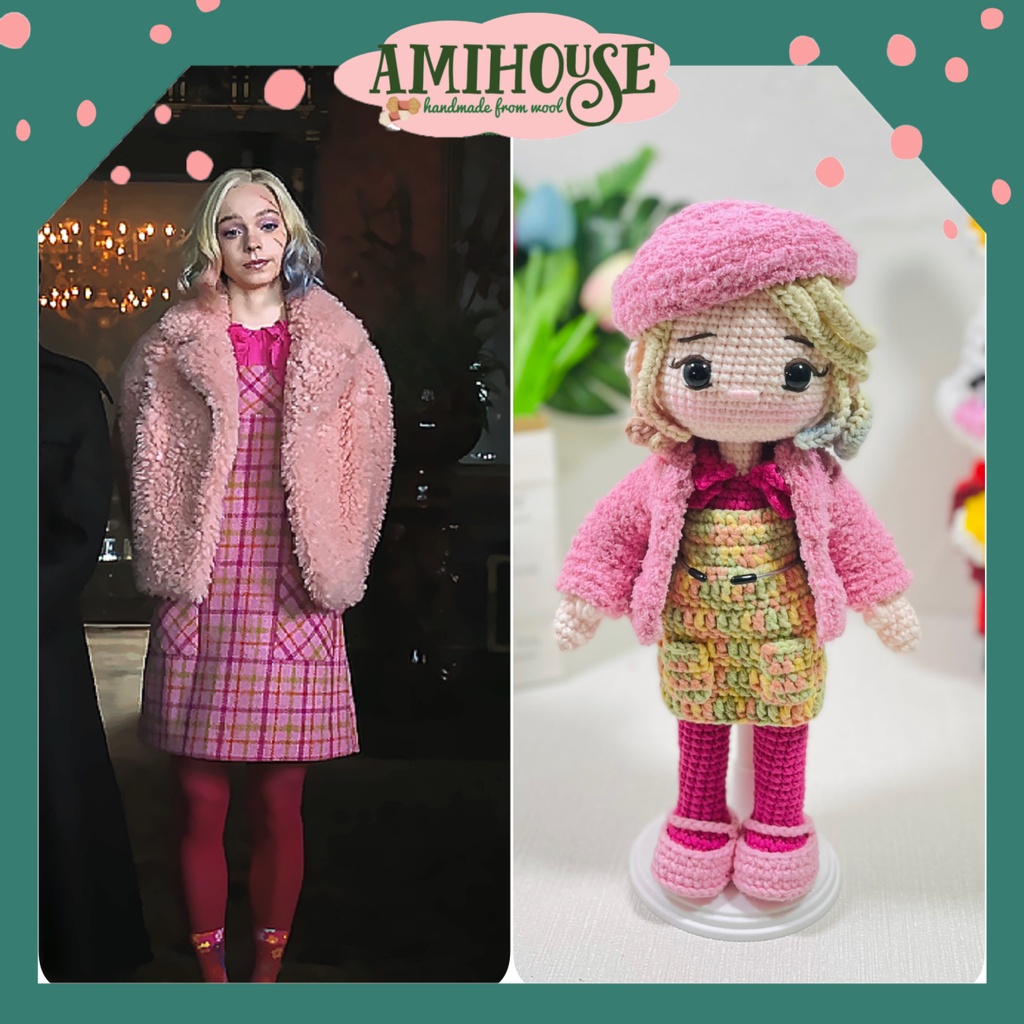 Búp bê Enid đầm hồng bằng len móc, búp bê Enid & Wednesday Addams handmade bằng len cao cấp - Ami House