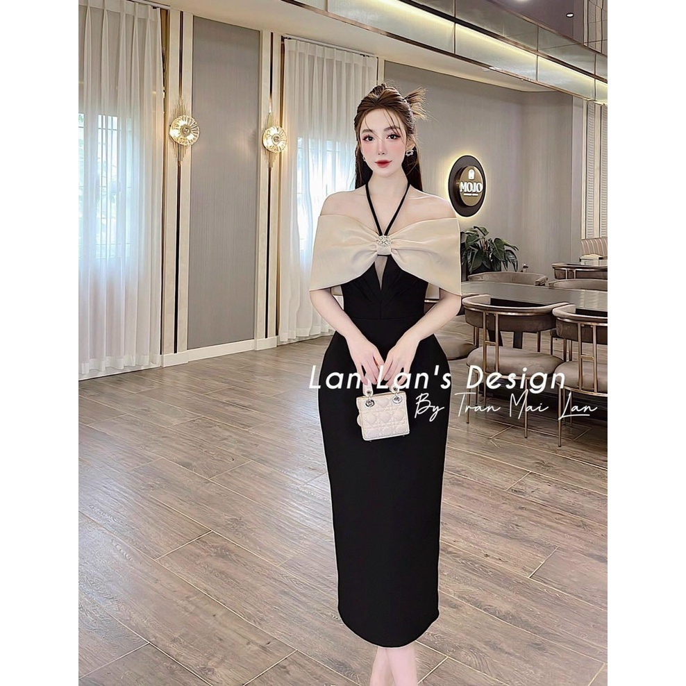 [3.3 Sales Freeship] Đầm nữ đi tiệc dáng dài, đầm thiết kế trễ vai nơ phối dây cổ khoét ngực chất tapda quyến rũ dx