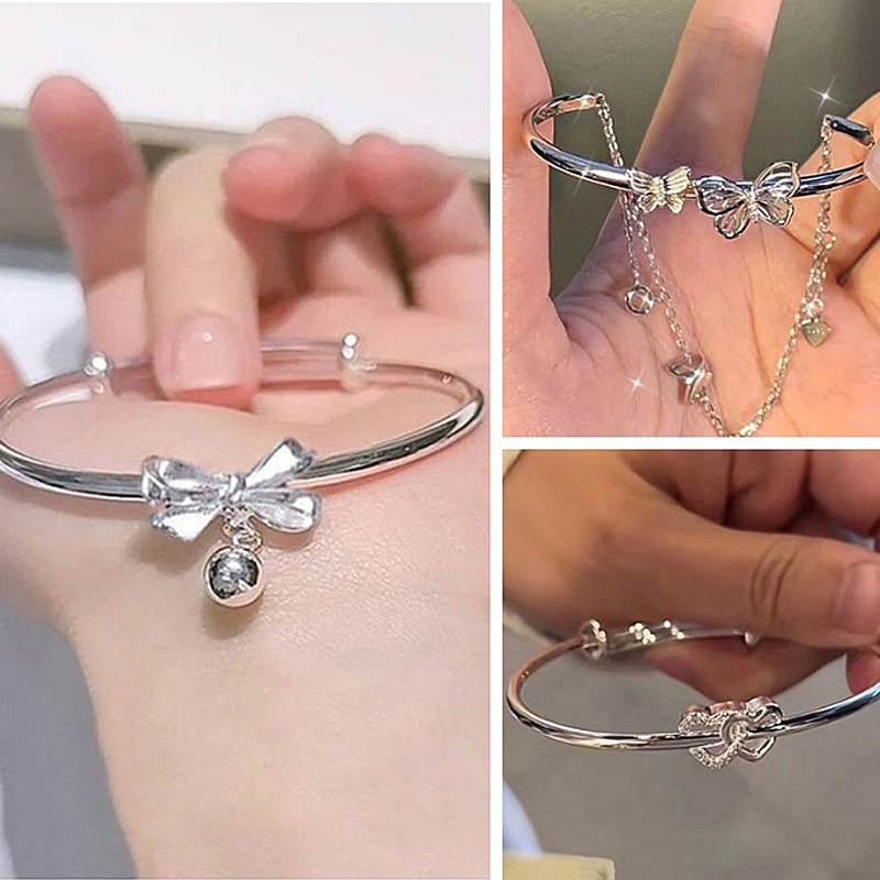 【coffeemate】⚡Vòng tay hai lớp màu bạc hình nơ có thể điều chỉnh kích thước thời trang cho nữ