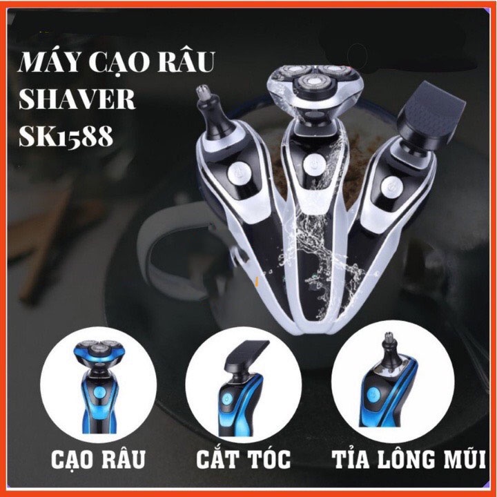 Máy cạo râu đa chức năng Shaver 1588 4D 3in1, 3 lưỡi kép tự mài sắc, cạo sát sạch êm, chống nước