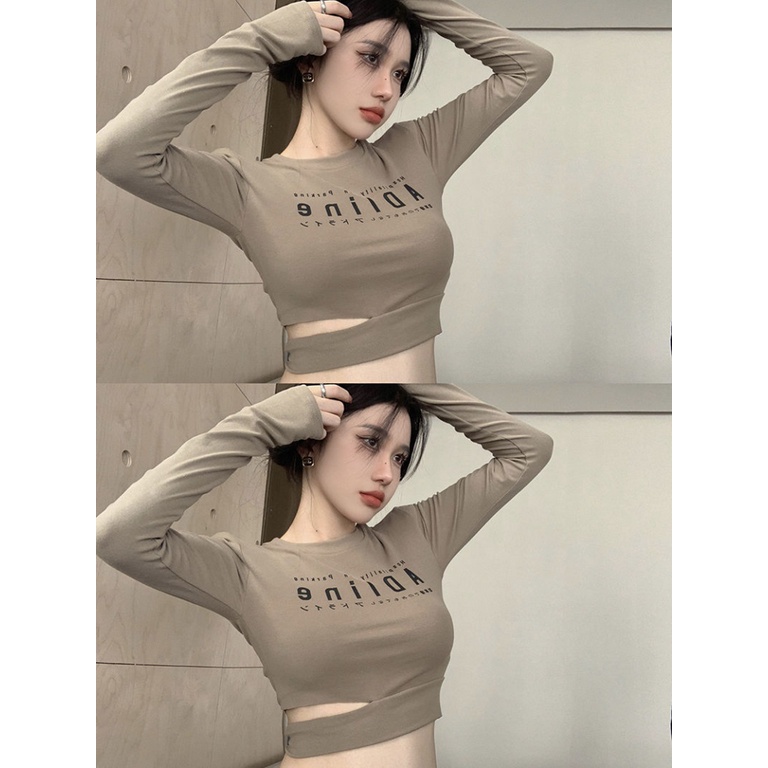 Áo Thun croptop Tay Dài In Chữ Cá Tính Cho Nữ