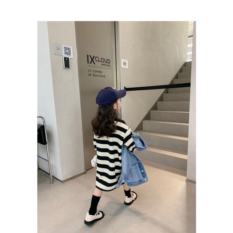 [Babycat] Hàng Có Sẵn Đầm Thun polo Dáng Suông Dài Vừa Vặn Họa Tiết Kẻ Sọc Phong Cách Hàn Quốc Nhật Bản Mùa Xuân Thu Cho Bé Gái