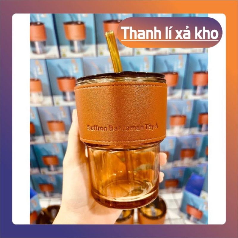 Ly Thuỷ Tinh 400ml Bọc Da Khắc Chữ Bahraman Tây Á Kèm Ống Hút
