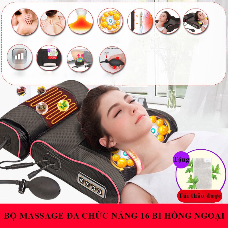 Gối massage mát-xa cổ vai gáy eo hông 20 đầu, đa năng có gồm túi khí và túi thảo dược