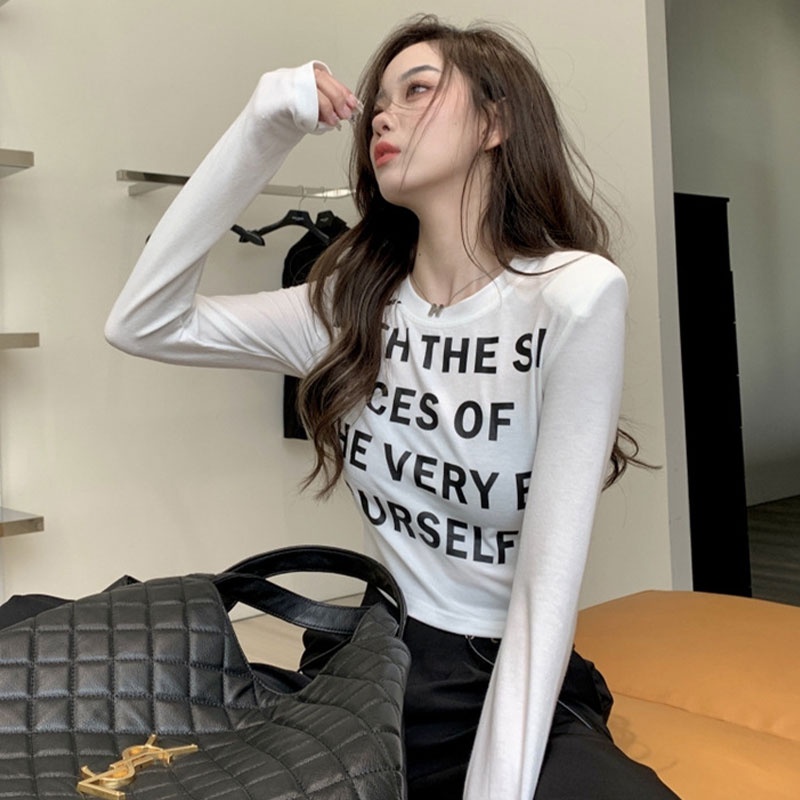 Áo thun XINLANYASHE tay dài cổ tròn in chữ phong cách Hàn Quốc dành cho nữ