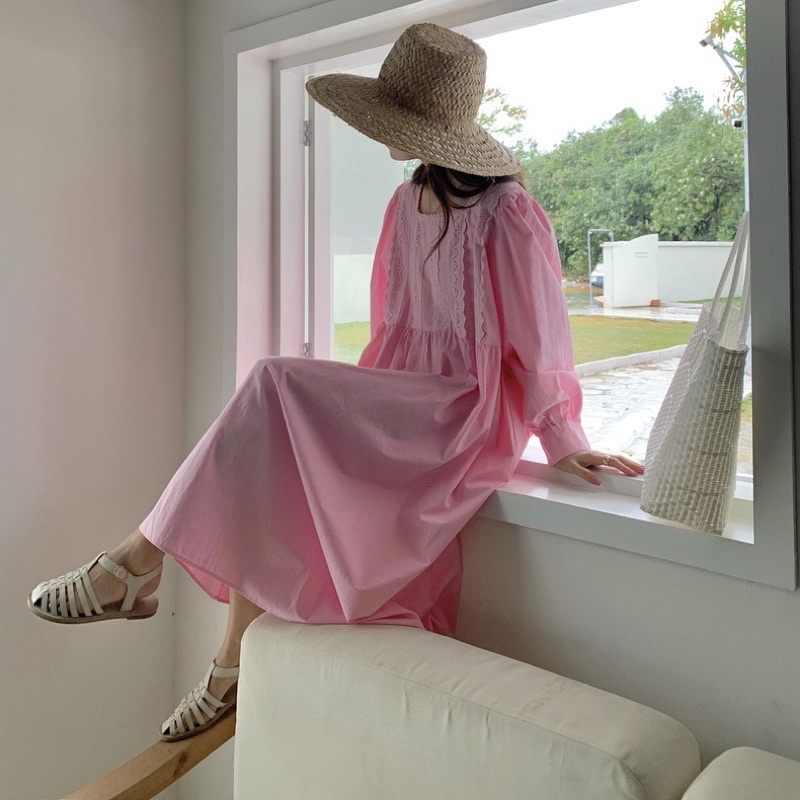 Đầm Babydoll Cổ Vuông Tay Phồng Váy Suông Màu Trơn Phối Ren Nhẹ Nhàng Thanh Lịch Hàn Quốc