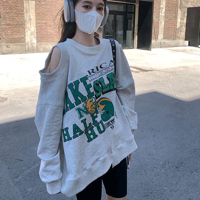 Áo Hoodie Lệch Vai Dáng Rộng Thời Trang Cá Tính Cho Nữ