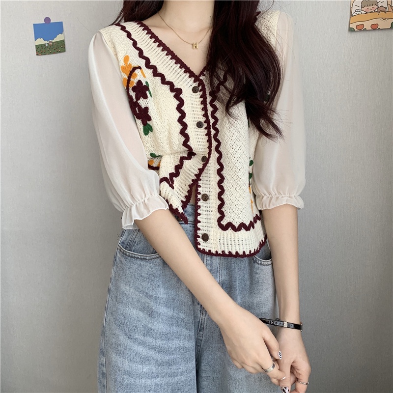 Áo Sơ Mi Ngắn Tay Cổ Chữ v Thêu Họa Tiết Màu Sắc Tương Phản Phong Cách Pháp