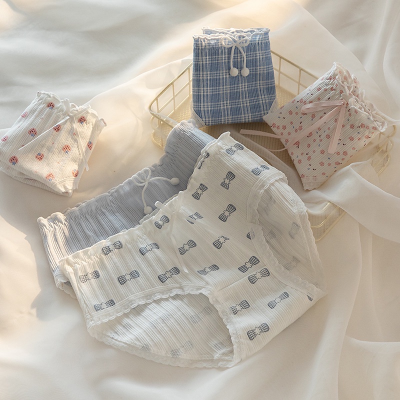 Quần Lót Cotton Lưng Vừa Đính Nơ Họa Tiết Hoa Ngọt Ngào Cho Nữ