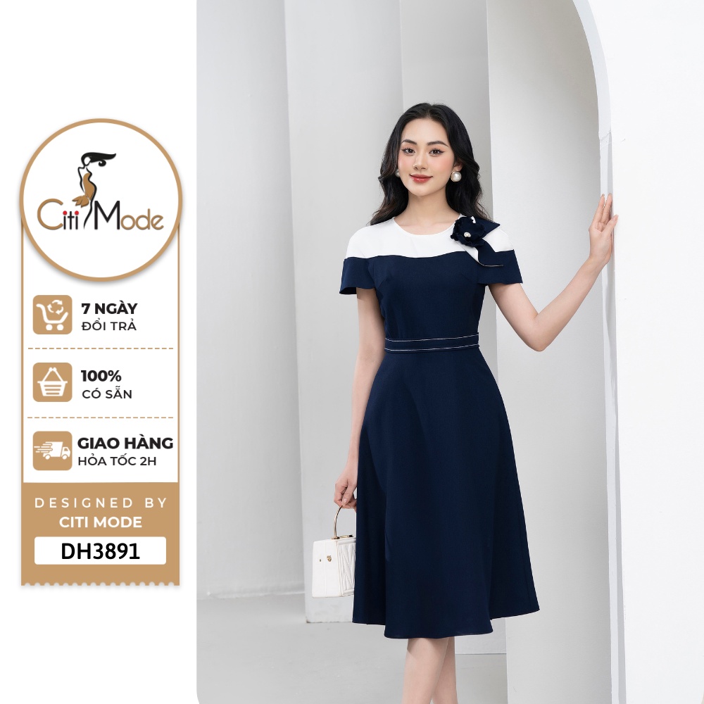 Đầm Công sở CITI MODE FASHION thiết kế dáng xoè xanh đính hoa ngực DH3891