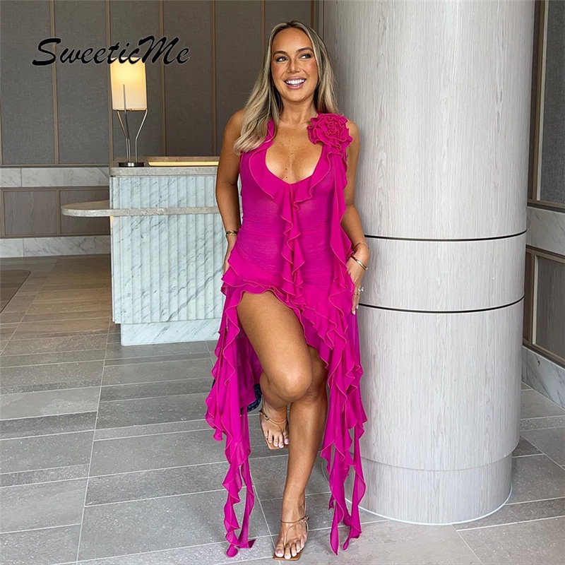 Đầm Sát Nách Cổ Chữ V Màu Trơn Phối Lưới Thời Trang 2023 Cho Nữ