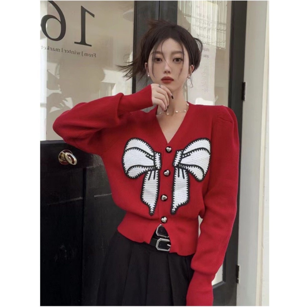 Áo Khoác Cardigan Dệt Kim Cổ Chữ v Thắt Nơ Thêu Họa Tiết Phong Cách Thu Đông Mới