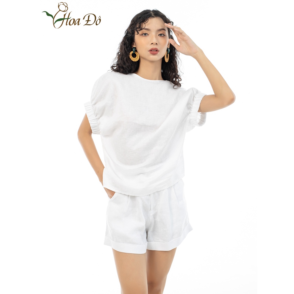 Áo kiểu nữ linen cao cấp tay bo thời trang HOA ĐÔ thiết kế đơn giản thanh lich màu trắng 100013